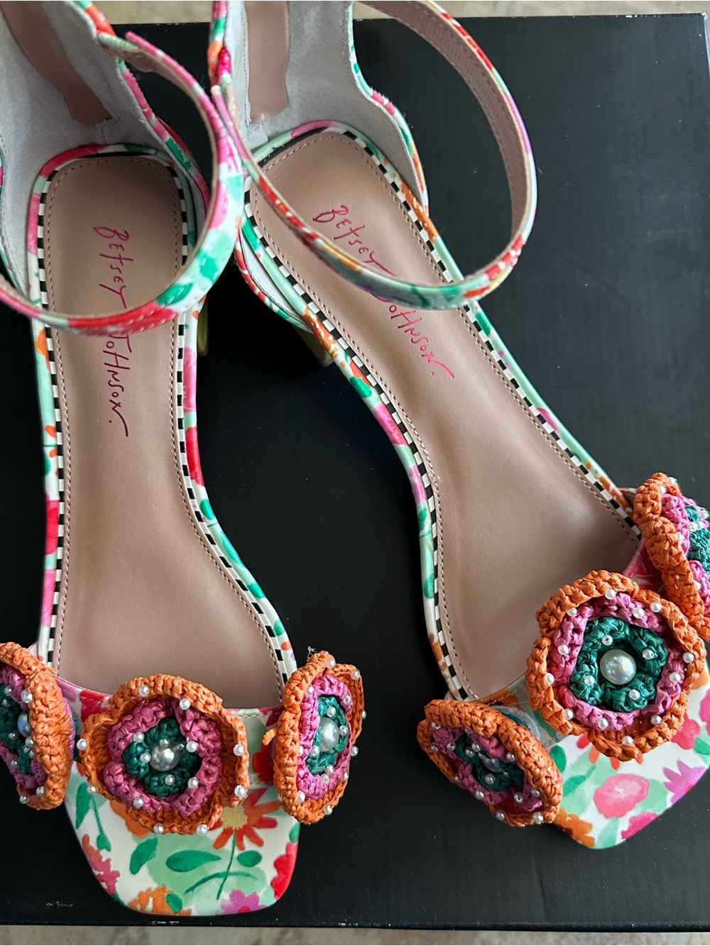 Betsey Johnson Pink Green Orange Floral Crochet Ankle-Strap Heels